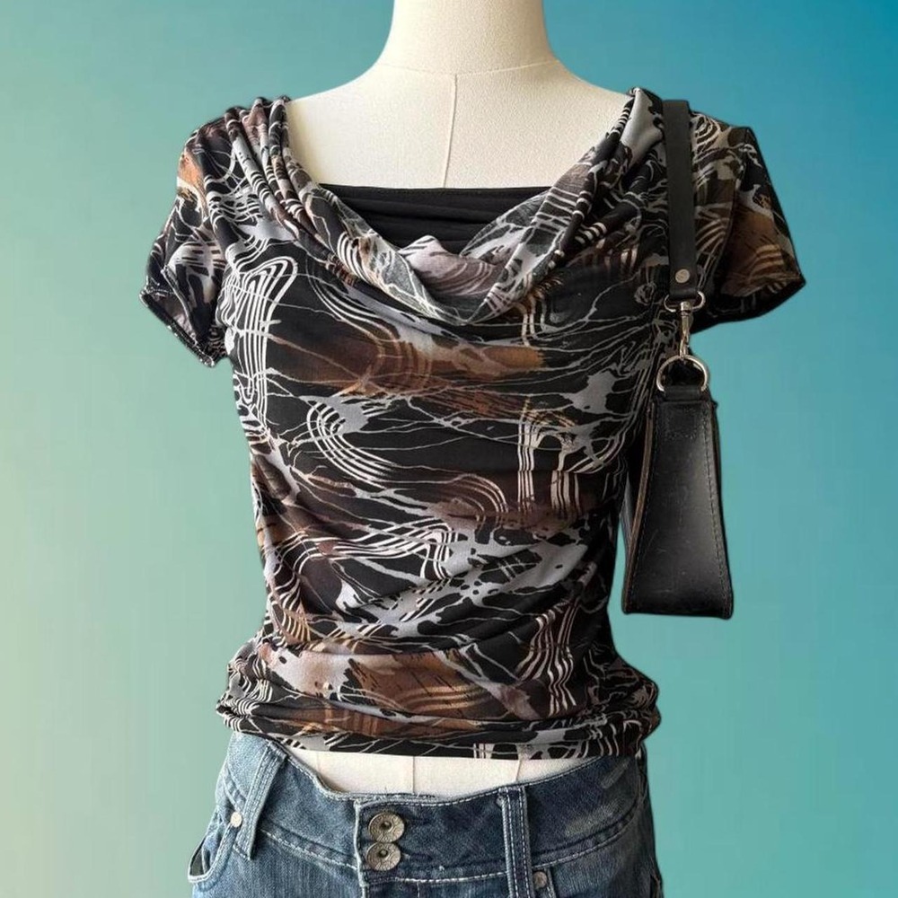 Abstract Print Cowl Neck Top Women's Small Stretchy Y2K